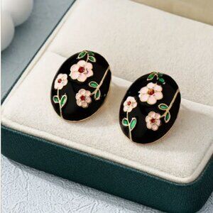 NEW Victorian Black and Pink Floral Enamel Oval Statement Earrings